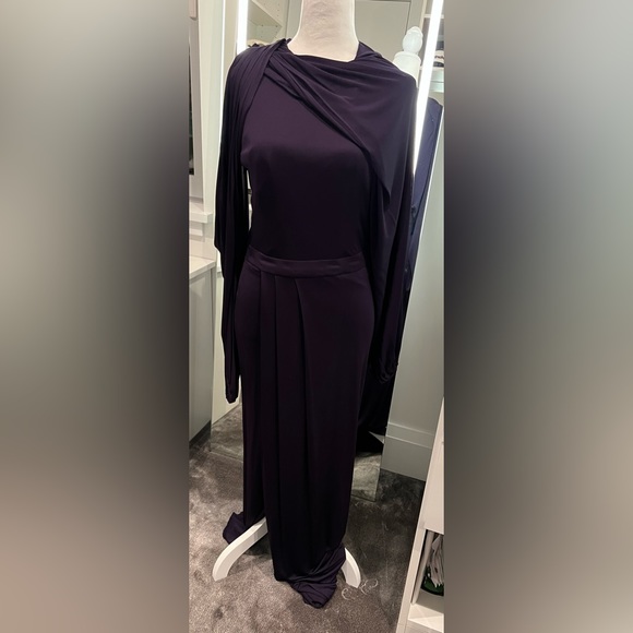 NWT - Alexander McQueen Jersey Draped Long-Sleeve Slit Gown - Amethyst - Picture 4 of 10